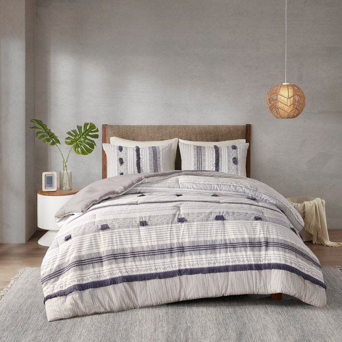 3 Piece Cotton Comforter Set - Gray / Navy