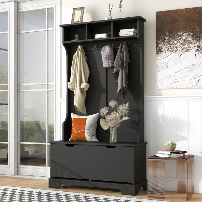 On-Trend All In One Hall Tree With 3 Top Shelves And 2 Flip Shoe Storage Drawers, Wood Hallway Organizer With Storage Bench And Metal Hanging Hooks, Black