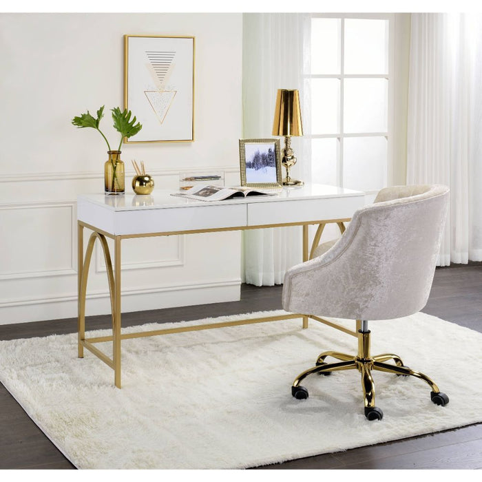 Lightmane - Desk - White High Gloss & Gold Unique Piece Furniture