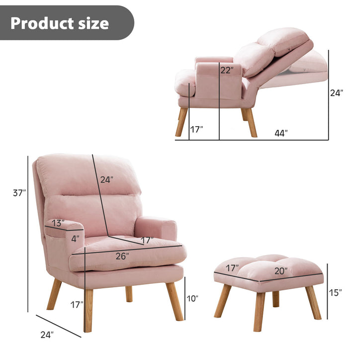 Contemporary Elegance Accent Chair With Footrest, For Relaxing, Arm Rest, Wood, Pink