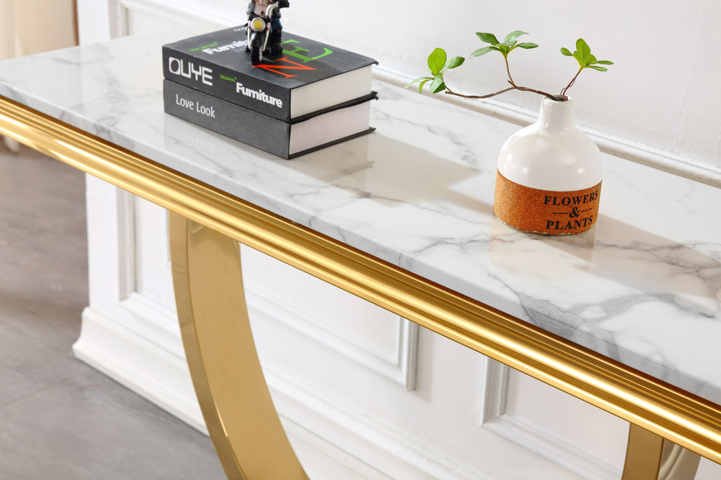 Modern Rectangular White Marble Console Table, 0.71" Thick Marble Top , U-Shape Stainless Steel Base With Gold Mirrored Finish