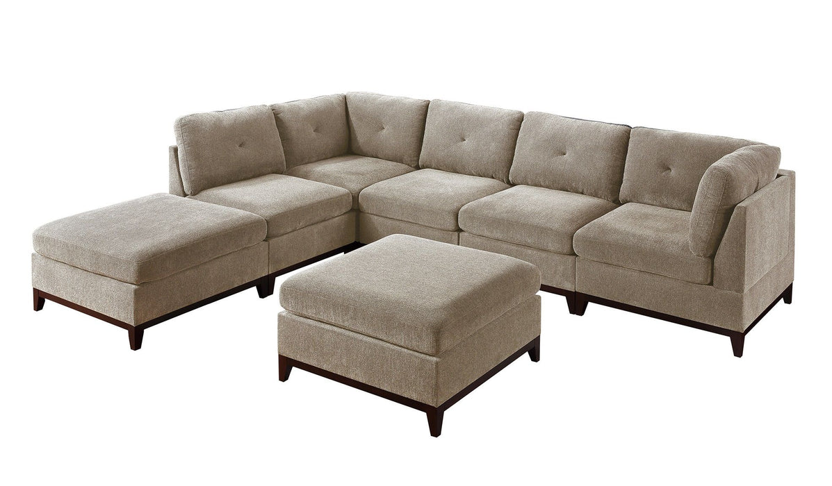 Camel Chenille Fabric Modular Sectional 7 Piece Set Living Room Furniture L-Sectional Couch 2 Corner Wedge 3 Armless Chairs And 2 Ottomans Tufted Back Exposed Wooden Base