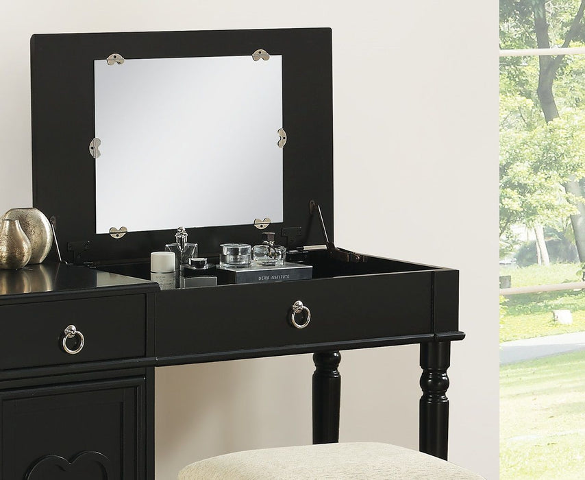 Bedroom Vanity Set Stool Open Up Mirror Storage Space Drawers Rubber Wood Ring Pull Handles Black Color Vanity