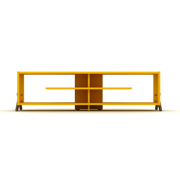 Furnishome Store Mid Century Modern TV Stand 4 Shelves Open Storage Wood Legs Entertainment Centre 57 Inch Low TV Unit, Walnut/Yellow