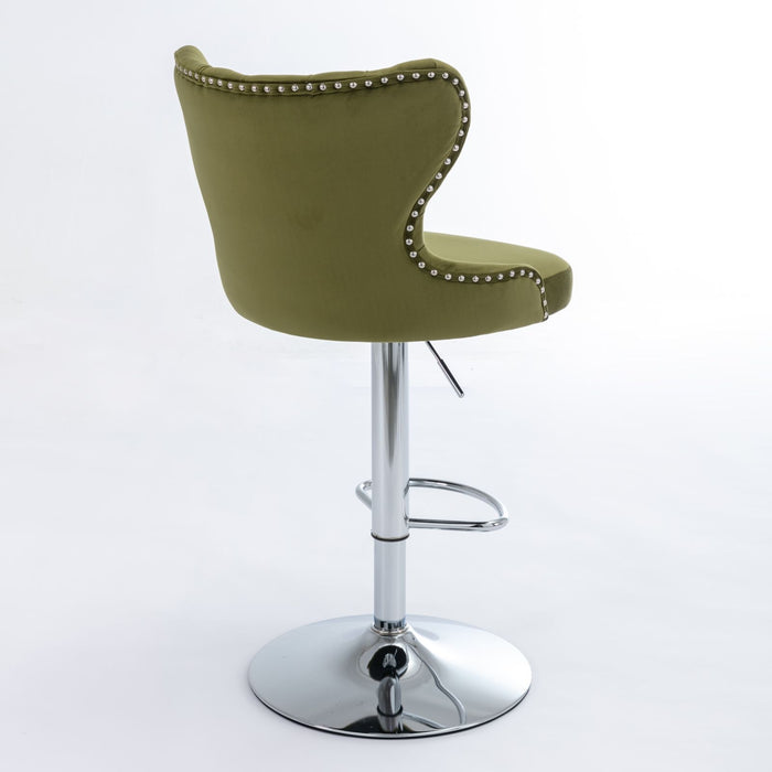 Swivel Velvet Barstools Adjusatble Seat Height From 25 - 33", Modern Upholstered Chrome Base Bar Stools With Backs Comfortable Tufted For Home Pub And Kitchen Island, Olive - Green