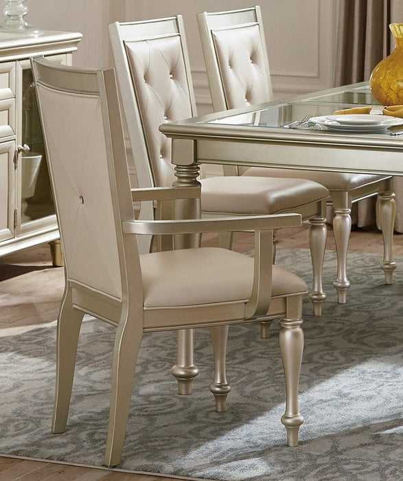 Traditional Design Formal Dining 7 Pieces Set Table Extension Leaf 2 Armchairs And 4 Side Chairs Crystal Button - Tufted Cushion Seat Silver Finish Furniture