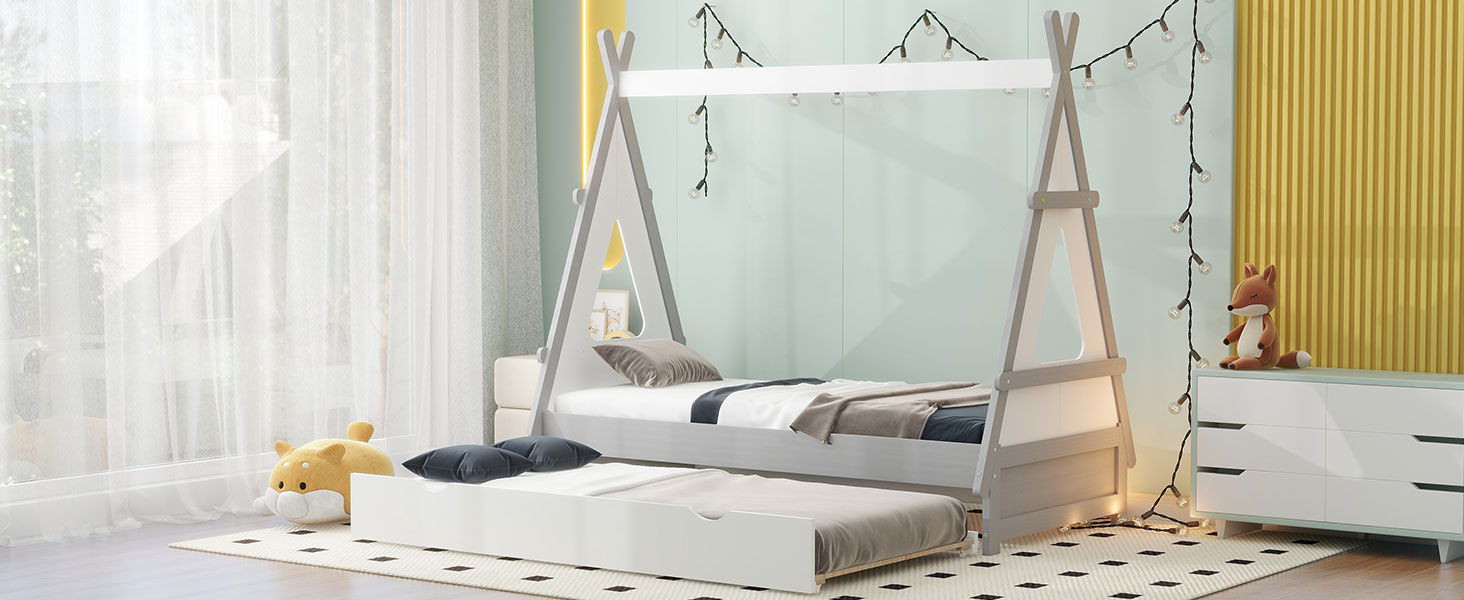 Twin Size Tent Floor Bed With Pull-Out Twin Size Trundle, White