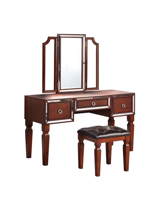 Luxurious Majestic Classic Cherry Color Vanity Set Stool 3- Storage Drawers 1 Piece Bedroom Furniture Set Tri-Fold Mirror