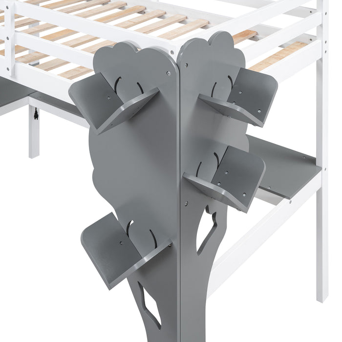 Twin Size Loft Bed With L-Shaped Desk, Tree Shape Bookcase And Charging Station, White / Gray