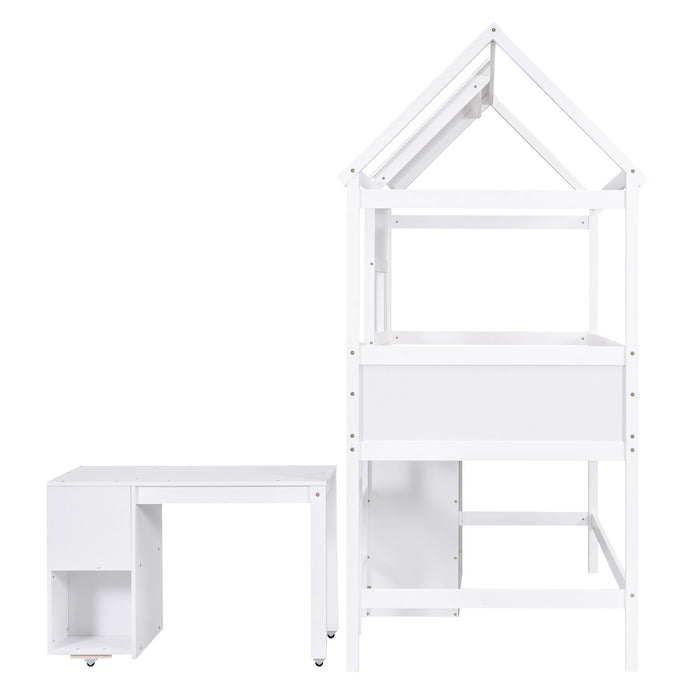 Twin Size House Loft Bed With Storage Desk And 3 Drawer Chest, White