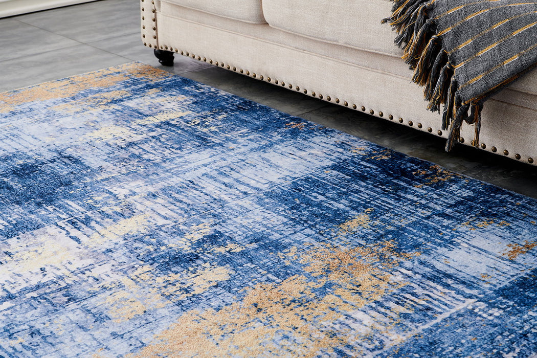 Zara Collection Abstract Design Machine Washable Super Soft Area Rug - Blue / Gold