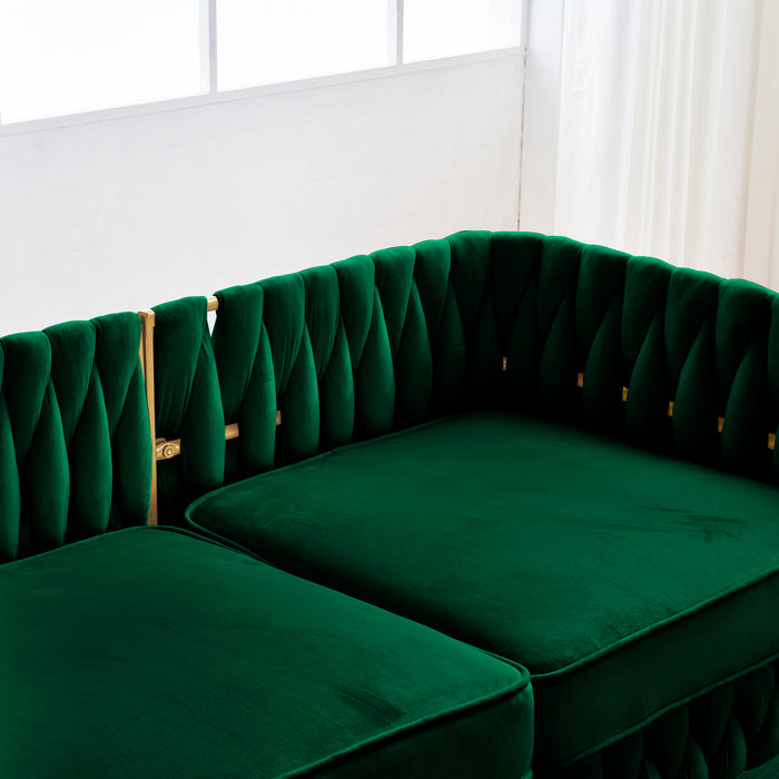 Mid Century Modern Velvet Loveseat Sofa Small Love Seats Handmade Woven & Golden Legs Comfy Couch For Living Room, Upholstered 2 Seater Sofa For Small Apartment, Green Velvet