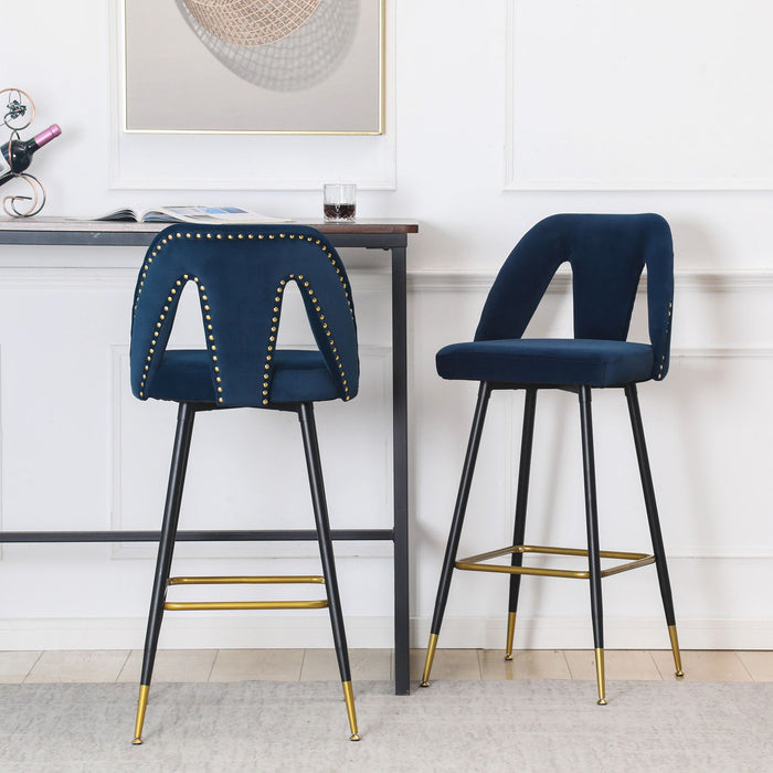 Akoya Collection Modern Contemporary Velvet Upholstered Connor 28" Bar Stool & Counter Stools With Nailheads And Gold Tipped Black Metal Legs, (Set of 2) (Blue)