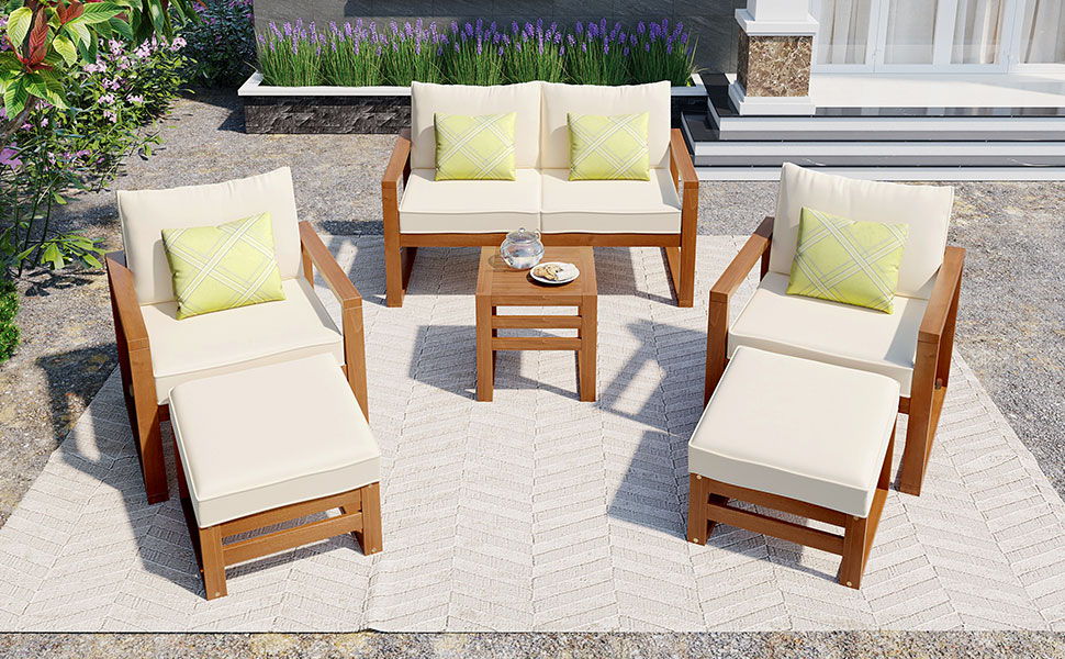 Top max Outdoor Patio Wood 6 Piece Conversation Set, Sectional Garden Seating Groups Chat Set With Ottomans And Cushions For Backyard, Poolside, Balcony, Beige