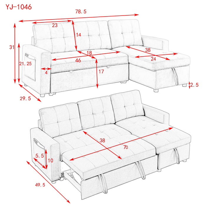 78.5" Sleeper Sofa Bed Reversible Sectional Couch With Storage Chaise And Side Storage Bag For Small Space Living Room Furniture Set