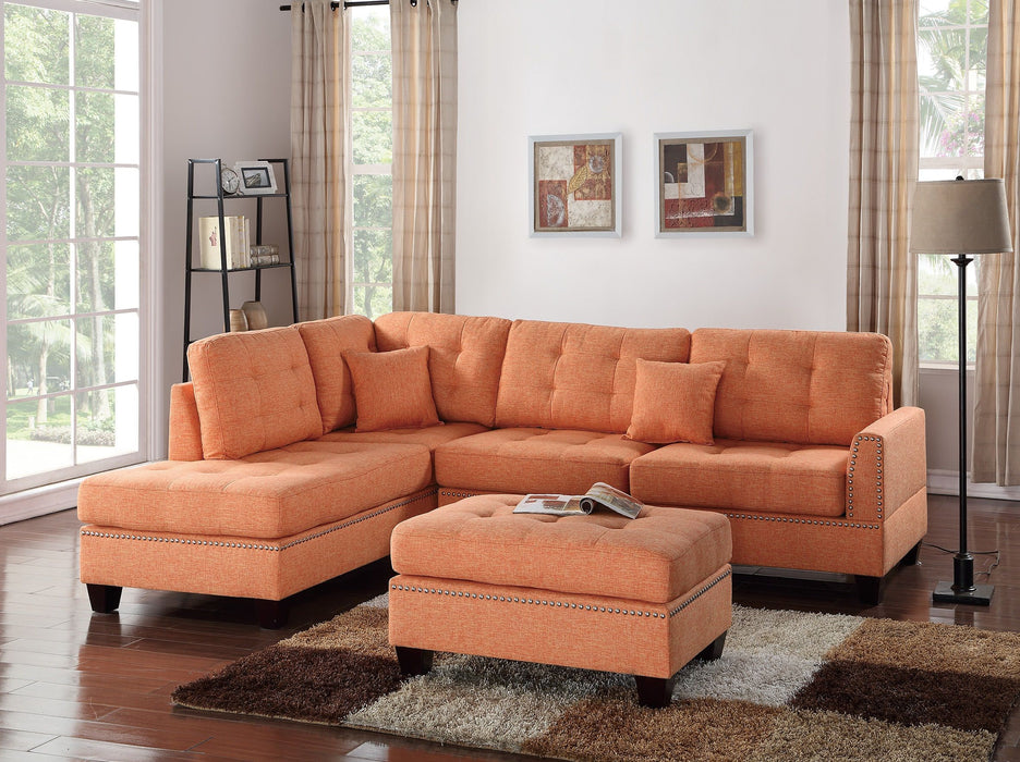 Modern Citrus Color 3 Pieces Sectional Living Room Furniture Reversible Chaise Sofa And Ottoman Tufted Polyfiber Linen Like Fabric Cushion Couch Pillows