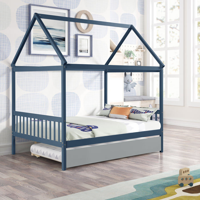 Navy Blue House Full Bed With Gray Trundle
