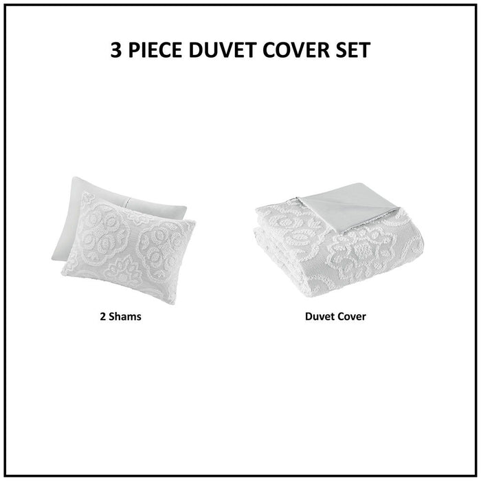 3 Piece Tufted Woven Medallion Duvet Cover Set - Grey / White