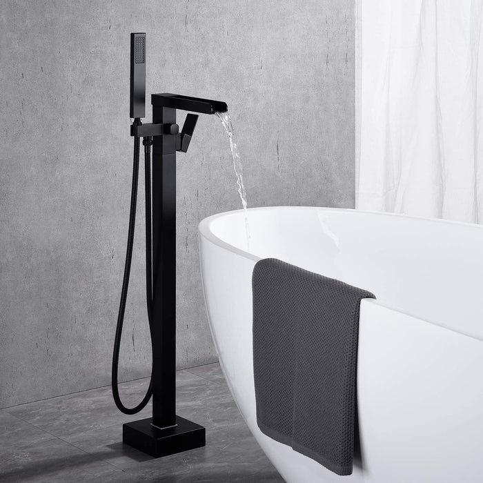 Bathroom Freestanding Waterfall Tub Filler Floor Mount Faucet With Hand Shower -Matte Black