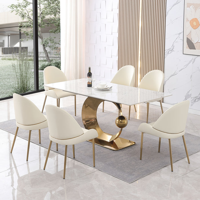 Stone Diningtable With Carrara White Color And Round Special Shape Carbon Steel Pedestal Base With 6 Chairs