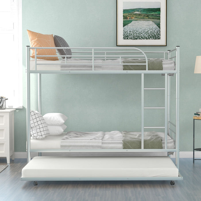 Twin Over Twin Metal Bunk Bed With Trundle, Can Be Divided Into Two Beds, No Box Spring Needed - White