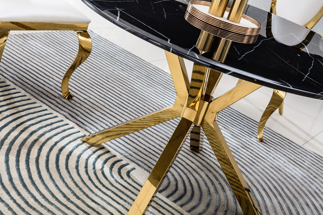 Modern Round Marble Table For Dining Room / Kitchen, 1.02" Thick Marble Top, Gold Finish Steel Base
