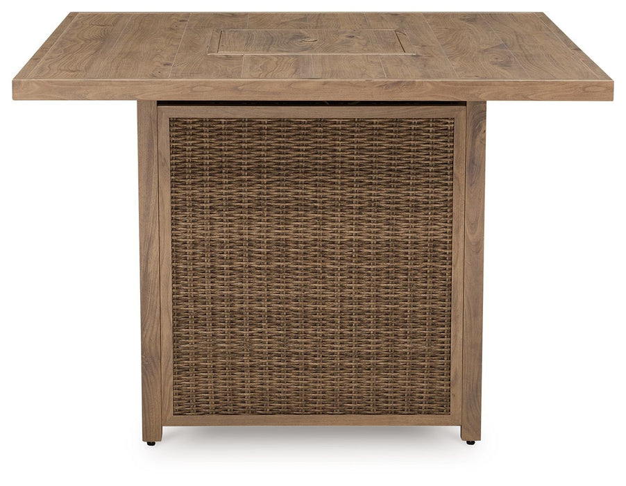 Walton Bridge - 5 Pc. - Square Bar Table W/Fire Pit, 4 Barstools - Driftwood