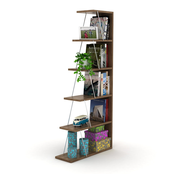 Furnish Home Store Modern 5 Tier Ladder Bookshelf Organizers, Narrow Bookshelf For Small Spaces Office Furniture Bookcase, Walnut/Chrome