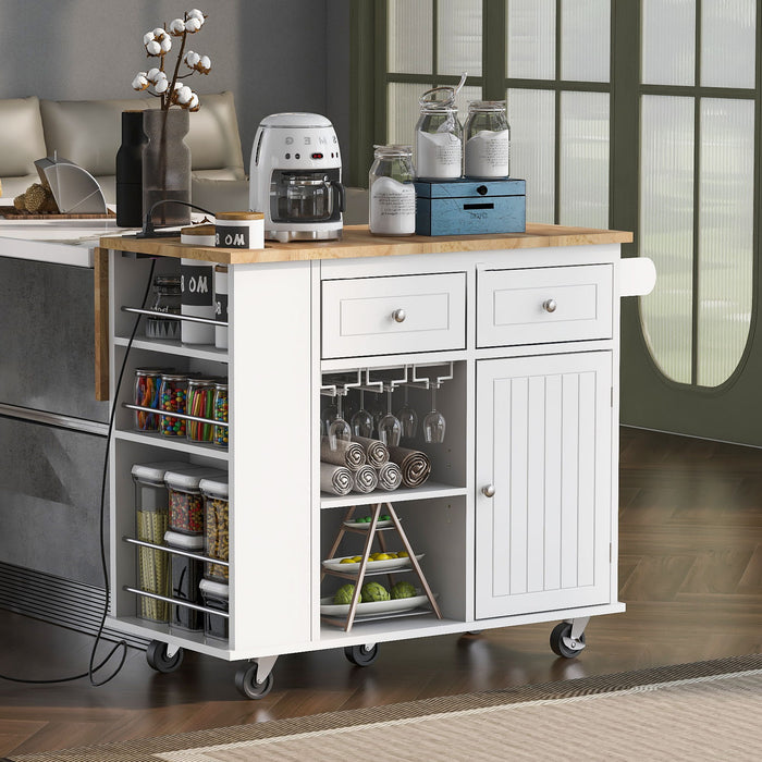 Kitchen Island With Power Outlet, Kitchen Storage Island With Drop Leaf And Rubber Wood, Open Storage And Wine Rack, 5 Wheels, With Adjustable Storage For Home, Kitchen, And Dining Room, White