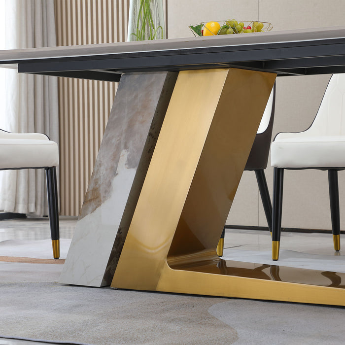 71" Contemporary Dining Table Sintered Stone Z Shape Pedestal Base In Gold Finish With 6 Pieces Chairs
