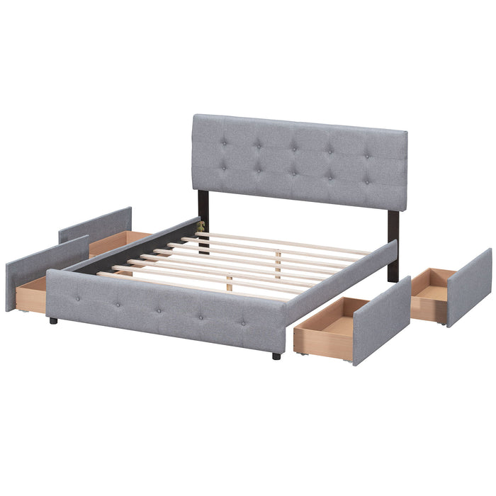 Upholstered Platform Bed With Classic Headboard And 4 Drawers, No Box Spring Needed, Linen Fabric, Queen Size Light Gray
