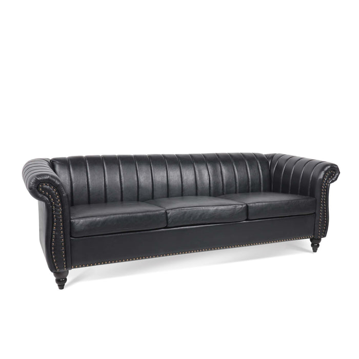 83.46'' Black PU Rolled Arm Chesterfield Three Seater Sofa