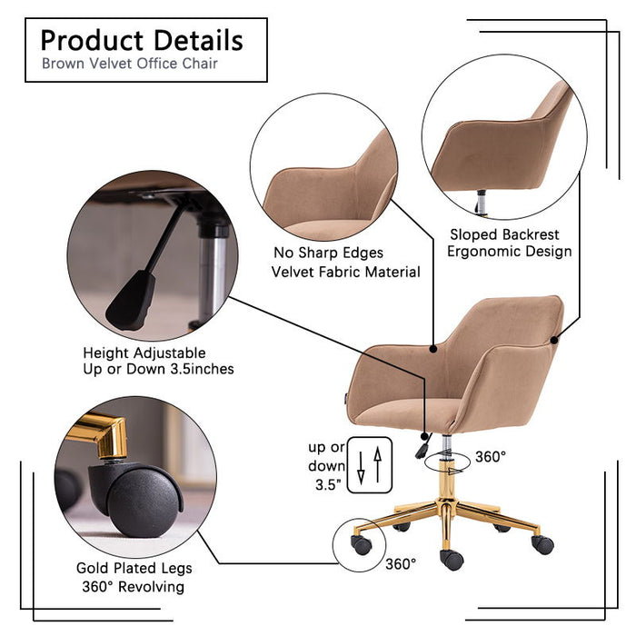 Modern Velvet Fabric Material Adjustable Height 360 Revolving Home Office Chair With Gold Metal Legs And Universal Wheels For Indoor, Light Coffee Brown