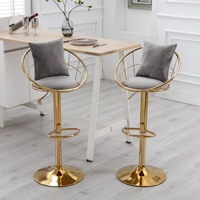 Gray Velvet Bar Chair, Pure Gold Plated, Unique Design, 360 Degree Rotation, Adjustable Height, suitable For Dinning Room And Bar, (Set of 2)