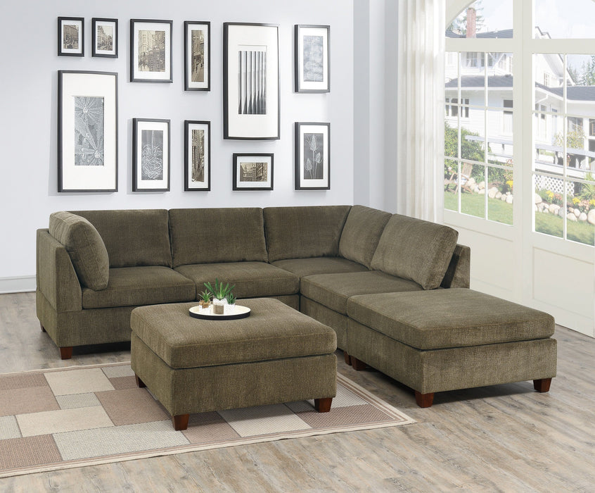 Living Room Furniture Tan Chenille Modular Sectional 6 Piece Set Corner L-Sectional Modern Couch 2 Corner Wedge 2 Armless Chairs And 2 Ottomans Plywood