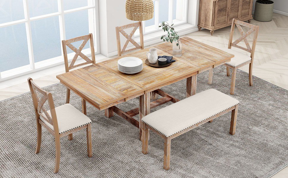 Top max Farmhouse 82 Inch 6 Piece Extendable Dining Table With Footrest, 4 Upholstered Dining Chairs And Dining Bench, Two 11"Removable Leaf, Natural / Beige Cushion