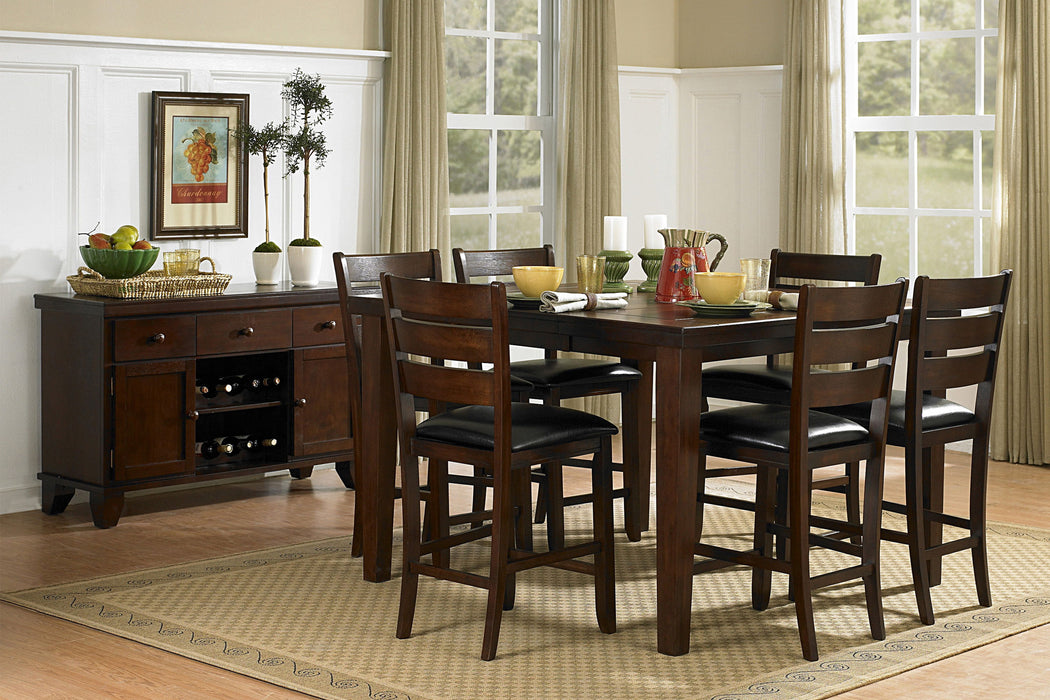 Contemporary Dining 8 Pieces Set Counter Height Table Self-Storing Extension Leaf And 6 Counter Height Chairs Dark Oak Finish Dining Room Furniture