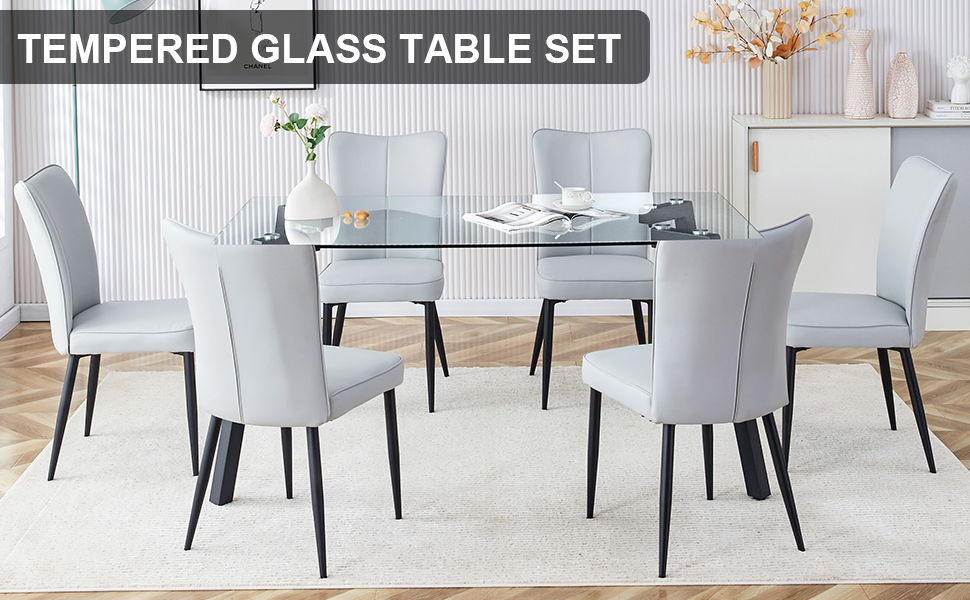 Table And Chair Set, 1 Table And 4 Light Grey Chairs, Glass Dining Table With 0.31" Tempered Glass Tabletop And Black Coated Metal Legs, Equipped With Light Grey PU Chairs