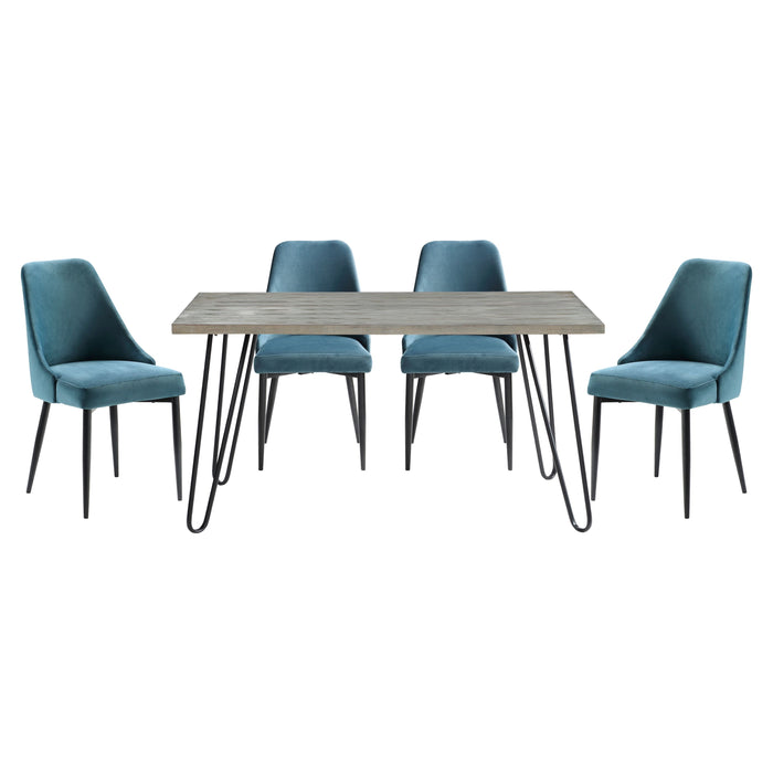 Modern Sleek Design 5 Pieces Dining Set Table And 4 Side Chairs Blue Velvet Casual Metal Frame Stylish Dining Furniture