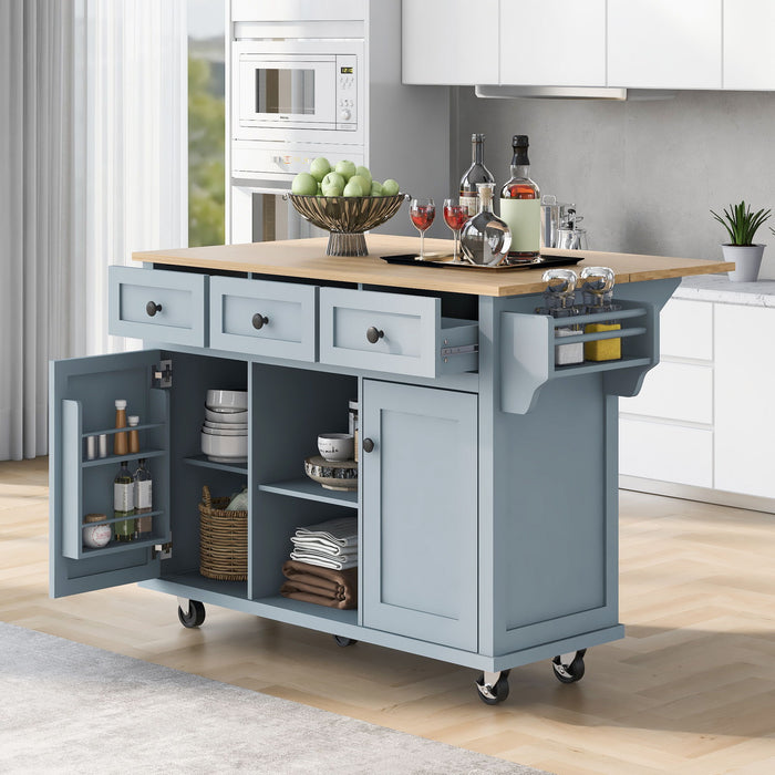 Kitchen Cart With Rubber Wood Drop - Leaf Countertop, Cabinet Door Internal Storage Racks, Kitchen Island On 5 Wheels With Storage Cabinet And 3 Drawers For Dinning Room, Grey Blue