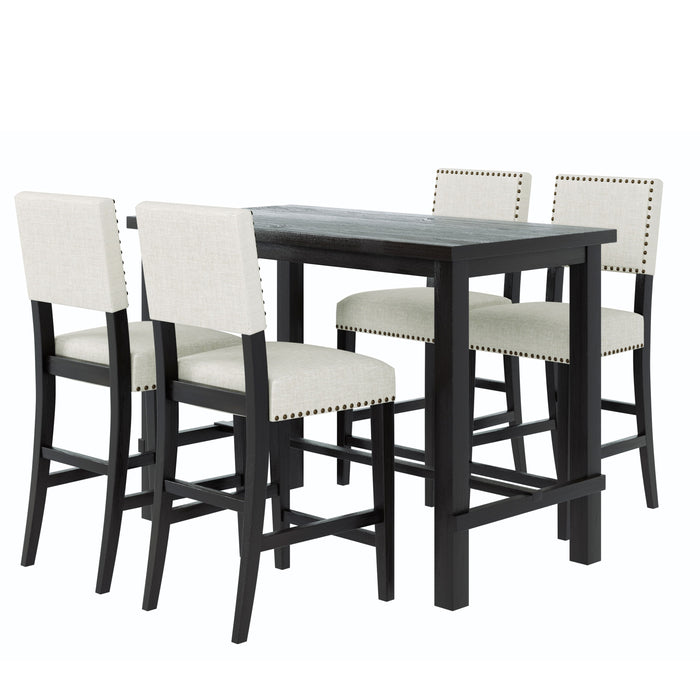 Trexm 5 Piece Counter Height Dining Set, Classic Elegant Table And 4 Chairs In Espresso And Beige
