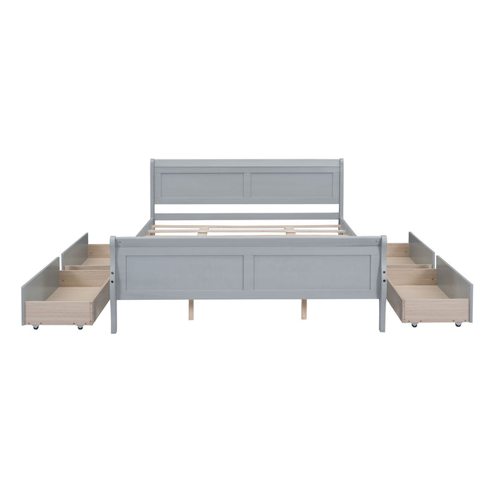 Queen Size Wood Platform Bed With 4 Drawers And Streamlined Headboard & Footboard, Gray