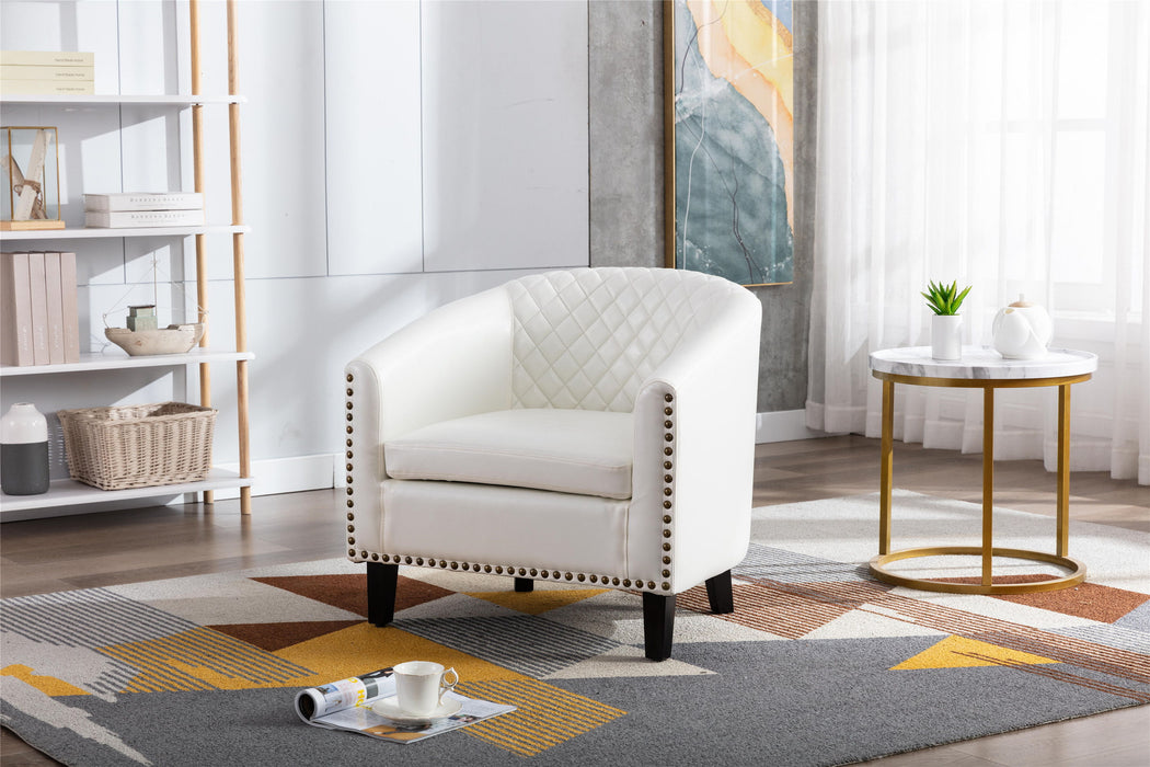 Coolmore Accent Barrel Chair With Nailheads And Solid Wood Legs White PU Leather