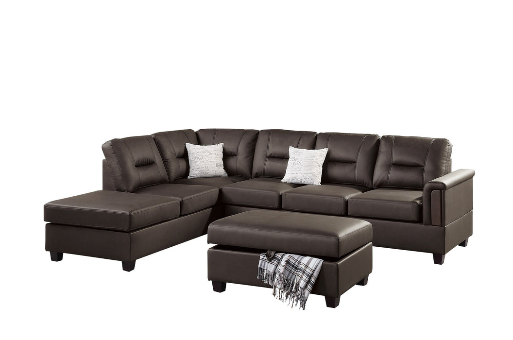 Contemporary 3 Pieces Reversible Sectional Set Living Room Furniture Espresso Color Faux Leather Couch Sofa, Reversible Chaise Ottoman