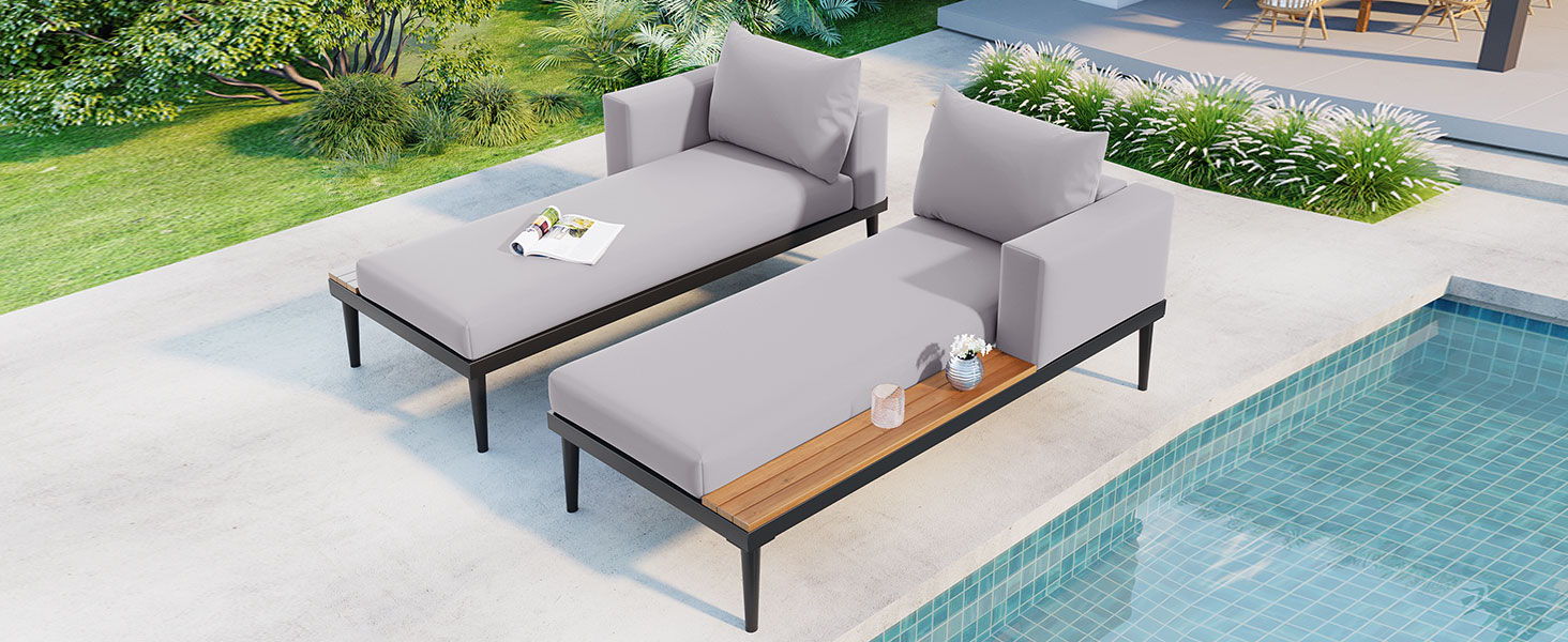 Topmax Modern Outdoor Daybed Patio Metal Daybed With Wood Topped Side Spaces For Drinks, 2 In 1 Padded Chaise Lounges For Poolside, Balcony, Deck, Gray