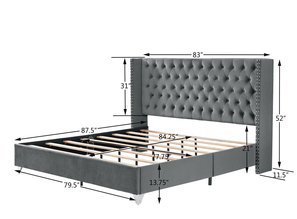 B100S King Bed With Two Nightstands, Button Designed Headboard, Strong Wooden Slats And Metal Legs With Electroplate - Gray