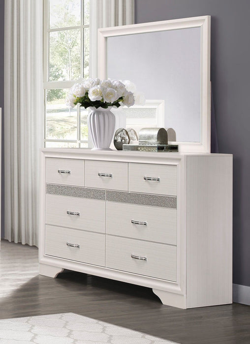 Modern Glam Dresser Of 7 Drawers White And Silver Glitter Hidden Jewelry Drawers Ball Bearing Glides Modern Wooden Bedroom Furniture