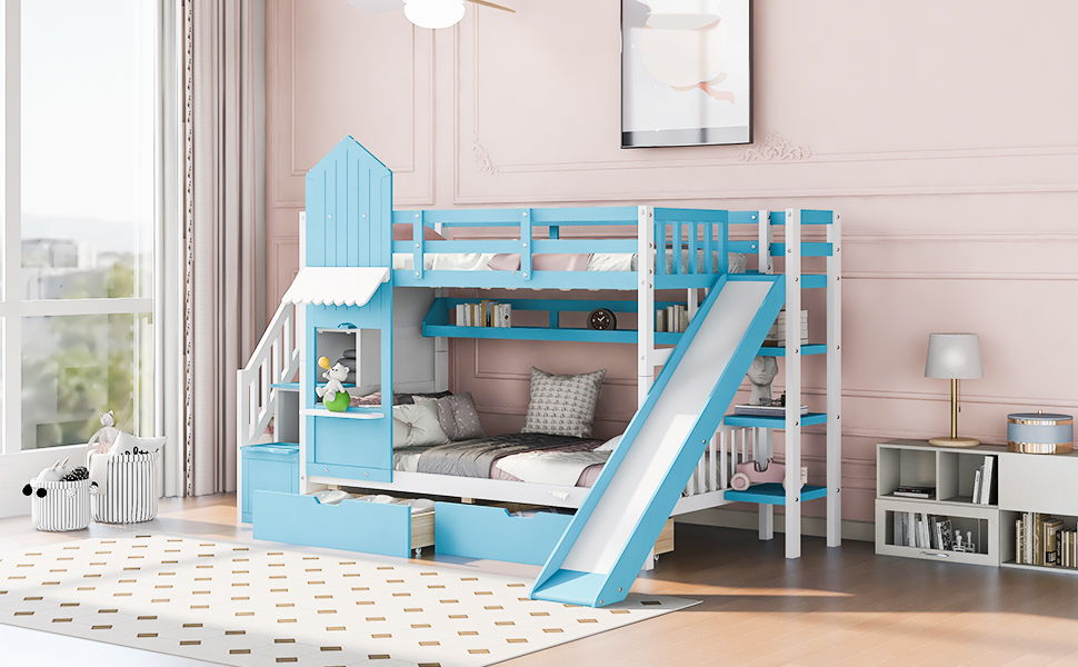 Twin Over Twin Castle Style Bunk Bed With 2 Drawers 3 Shelves And Slide - Blue