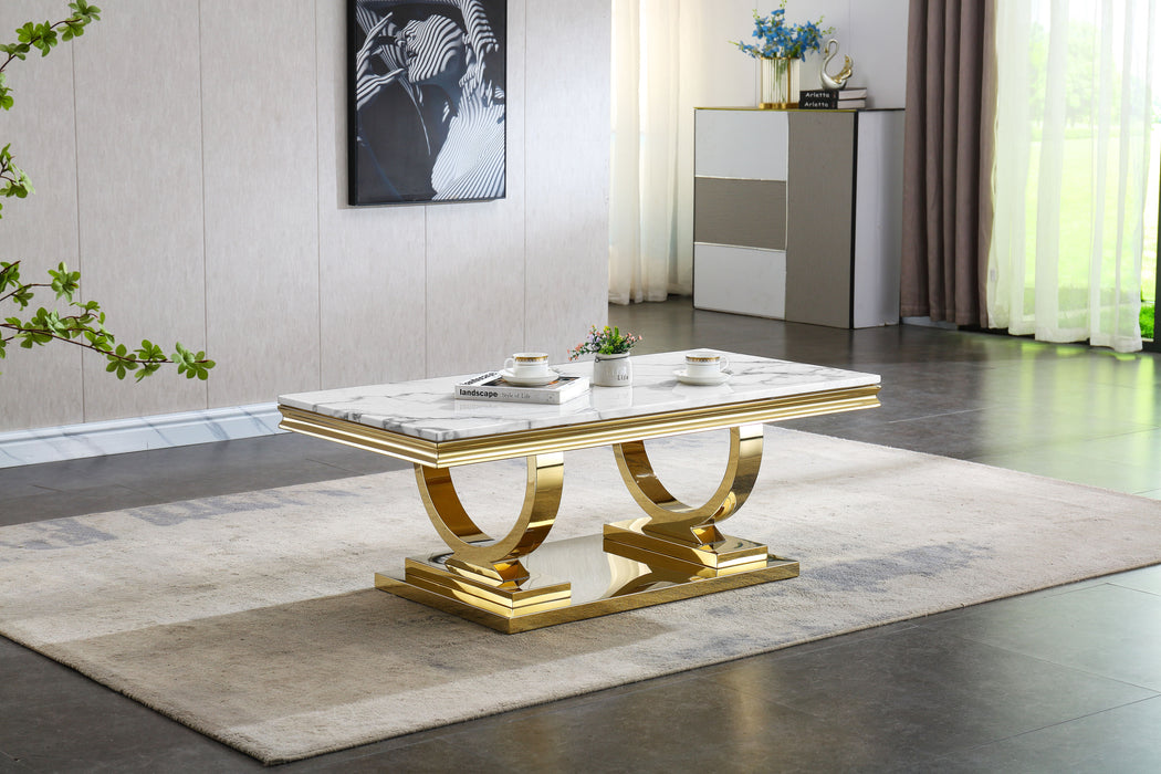 Modern Rectangular White Marble Coffee Table, 0.71" Thick Marble Top , U-Shape Stainless Steel Base With Gold Mirrored Finish