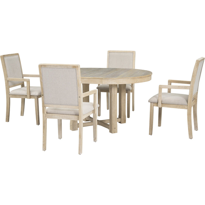 Trexm 5 Piece Dining Table Set, Two-Size Round To Oval Extendable Butterfly Leaf Wood Dining Table And 4 Upholstered Dining Chairs With Armrests (Natural Wood Wash)